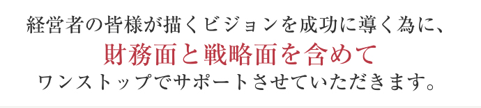 経営者の皆様が描くビジョンを成功に導く為に、 財務面と戦略面を含めて ワンストップでサポートさせていただきます。