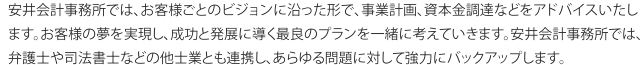 安井会計事務所では、お客様ごとのビジョンに沿った形で、事業計画、資本金調達などをアドバイスいたします。お客様の夢を実現し、成功と発展に導く最良のプランを一緒に考えていきます。安井会計事務所では、弁護士や司法書士などの他士業とも連携し、あらゆる問題に対して強力にバックアップします。