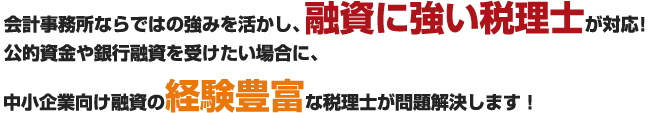 会計事務所ならではの強みを活かし、融資に強い税理士が対応！ 公的資金や銀行融資を受けたい場合に、中小企業向け融資の経験豊富な税理士が問題解決します！